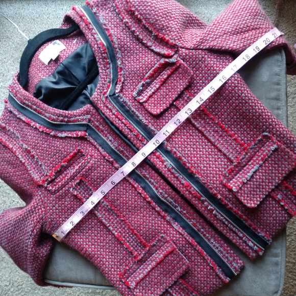 Hinge Red Tweed Crop Women Jacket Wool Size Medium - Picture 4 of 9